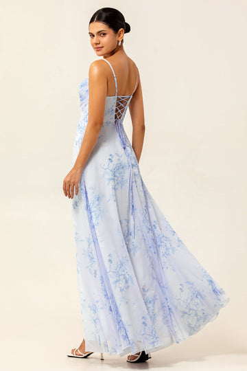 Blue Floral Spaghetti Straps A Line Long Bridesmaid Dress with Slit